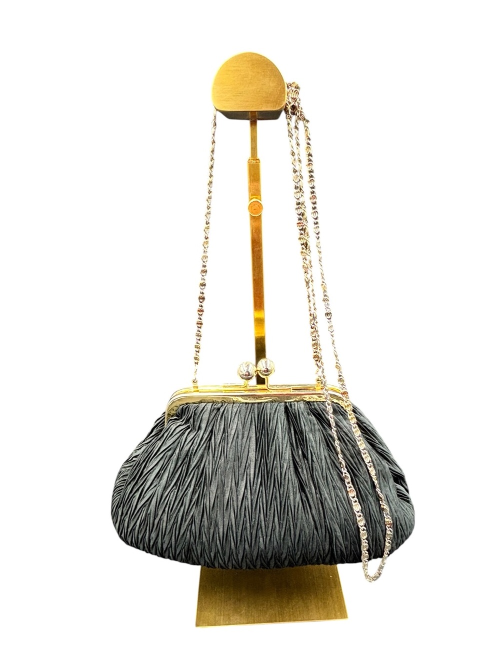 Vintage Nordstrom Black Pleated Evening Bag, Gold Tone Kiss Lock, Chain Strap - Picture 3 of 14